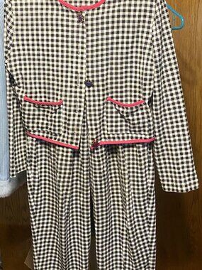 Byer California Women’s Black White Check Pantsuit Size L Pink Trim Vintage Styl